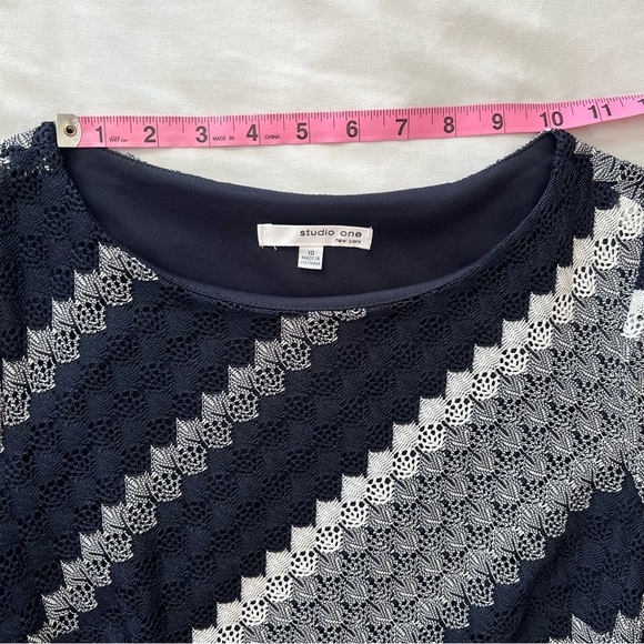 Navy Blue/Gray/White Striped Midi Dress with Unlined Bell Sleeves NWT Sz 10 - Picture 11 of 17